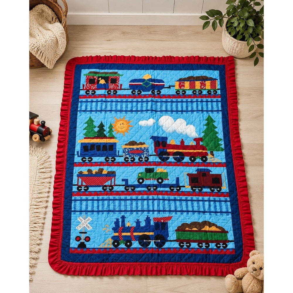 Vtg Kids Train Quilt Blanket Railroad Locomotive Ruffle Grandmacore 37 x 44